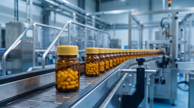 Pill bottles on conveyor belt in modern pharmaceutical factory production.