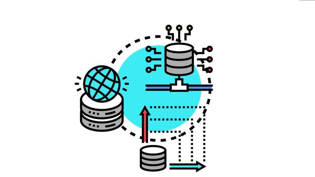 Networked digital data processing storing collecting and transferring information across servers and a global connection system, depicting database management and distribution concepts