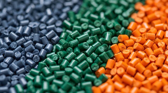 Plastic granules in blue green and orange colors for industrial molding.