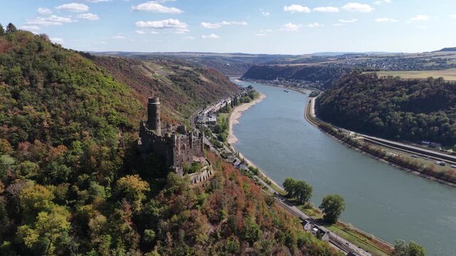 Maus castle overlooking rhine river valley in germany