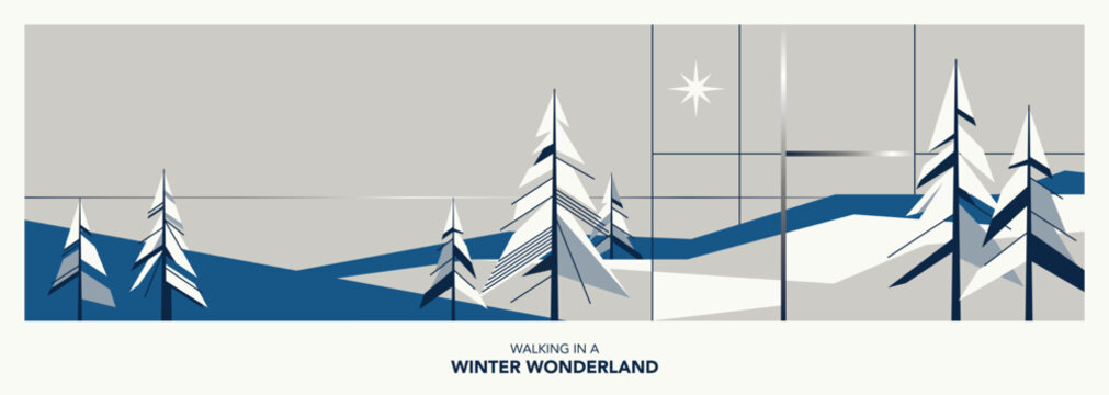 Minimalist geometric walking in a winter wonderland banner modern retro style horizontal template have blank space.