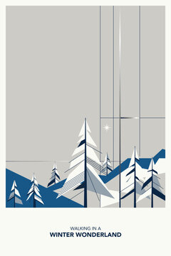 Minimalist geometric walking in a winter wonderland poster modern retro style vertical template have blank space.