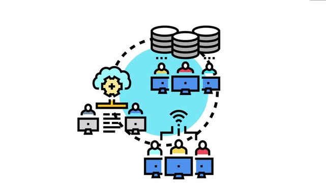 Networked computing platform depicting multiple users connected to a central cloud server providing data processing, storage, and shared access through a distributed computer network