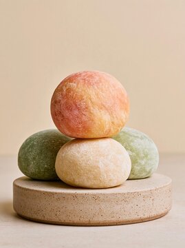 Stack of three round objects on a beige-colored surface. the objects are arranged in a pyramid-like shape, with the largest object at the top and two smaller ones at the bottom.