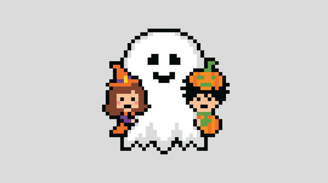 Halloween Pixel Art Illustration of a Friendly Ghost with Children in Witch and Pumpkin Costumes