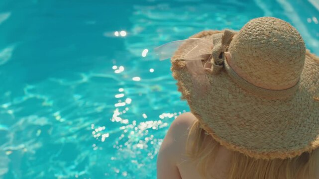 Woman with straw hat relaxing by swimming pool side during summer vacation at luxury resort enjoy sunny weather and turquoise water motion blue ripples glittering on surface outdoor leisure lifestyle.