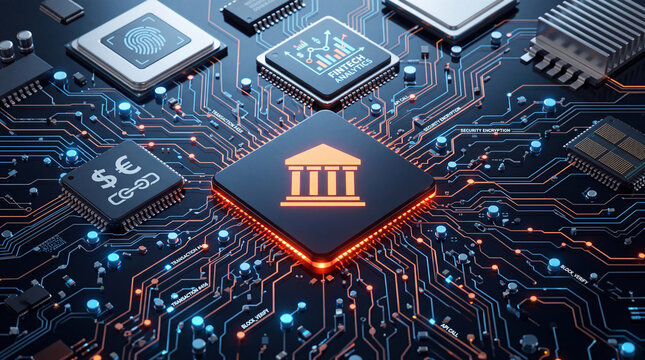 Futuristic Digital Banking and Fintech Concept Featuring a Glowing Bank Icon on a High-Tech Circuit Board with Biometric Security, Data Analytics, and Blockchain Transaction Processing