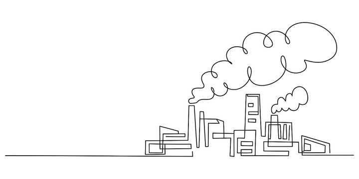 Industrial factory complex with thick smoke clouds rising from tall chimneys depicted in modern single line drawing art.