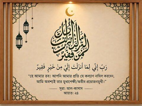 Islamic calligraphy wall featuring quranic verse surah al-qasas 28:24 in arabic and bengali script with hanging lanterns and crescent moon
