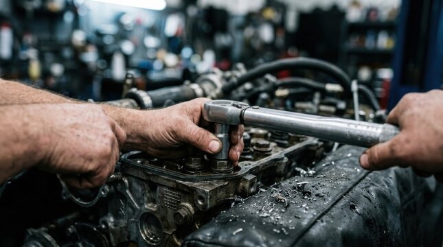 Mechanic hands tightening an engine bolt with a torque wrench, metal shavings scattered on the fender cover in an auto repair garage.