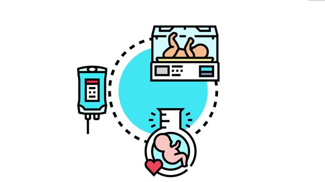Neonatal care involving intravenous treatment, critical for supporting health and development of newborn babies and for fertility assistance, all depicted in a modern icon style