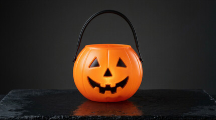 Fototapeta premium Bright orange plastic pumpkin candy bucket for trick or treat on a dark slate background