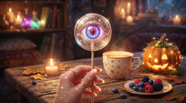 A hand holding an eye-shaped magic candy, a glowing pumpkin on the table, a star-adorned chalice, and a candle&mdash;a unique Halloween charm.