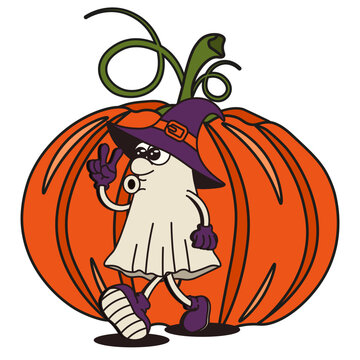 Vector Halloween concept. Hand drawn Halloween Ghost character in witch hat on Pumpkin backdrop isolated transparent background. Perfect for Halloween poster card design. EPS 10