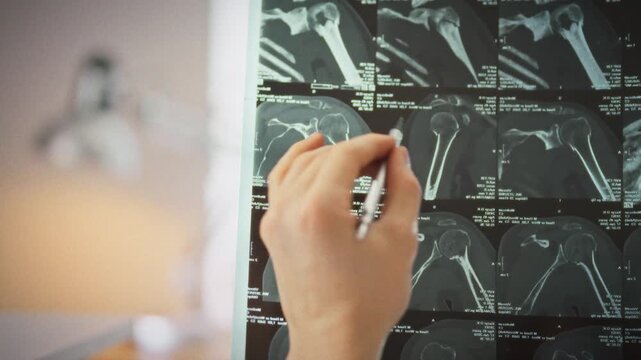 In specialized X-ray room, doctor's hand points to bone injuries on MRI scans, carefully tracing the damaged areas as the physician analyzes the images to plan treatment and ensure accurate diagnosis