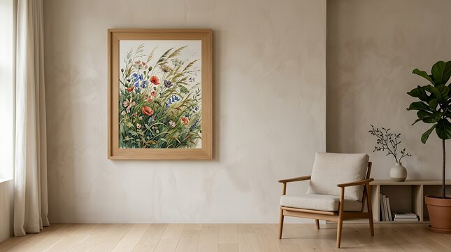 ナチュラルなリビングに飾られた植物と花のアート