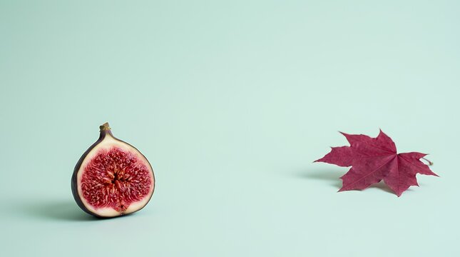 ミントグリーン背景のイチジクと赤い紅葉