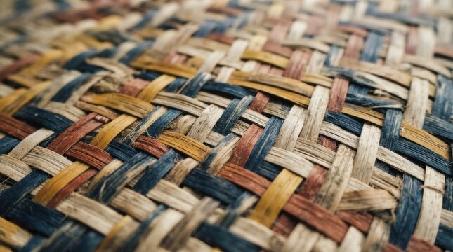 thai natural dyed bamboo weaving macro Close-up of woven natural fibers in a colorful basket pattern