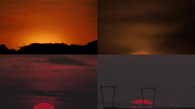 Four in one grid composite video, synchronized time lapse of four telephoto sunset sequences. Simultaneous movement as massive sun disks descend across frames.