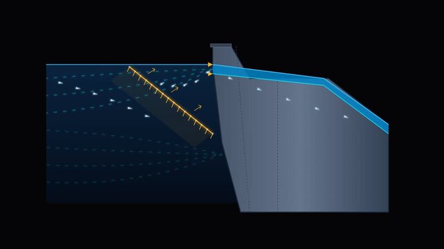 Technical illustration showing hydroelectric dam water flow and turbine mechanics