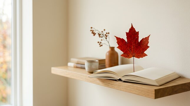 赤い紅葉と開いた本のある秋のインテリア