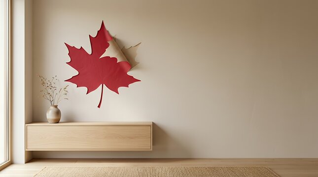 赤い紅葉のウォールアートがある秋のミニマルインテリア