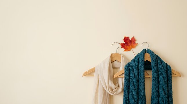 木製ハンガーに掛けた秋冬マフラーと紅葉