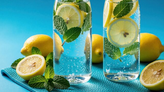 Refreshing lemon mint water in tall glass bottles on blue background. Fresh citrus fruit slices, green mint leaves float in bubbly sparkling drink. Healthy detox beverage for summer hydration,