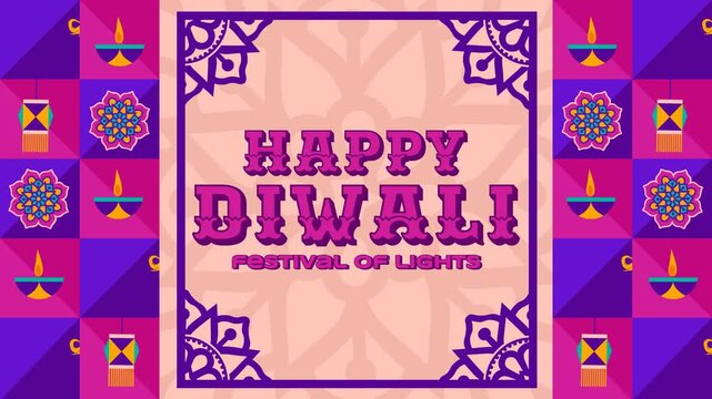 4K Diwali video: bold Happy Diwali text in a framed center panel, flanked by purple geometric grid tiles with yellow elephants, diyas, lanterns, and floral mandalas. Perfect for festive video ads.