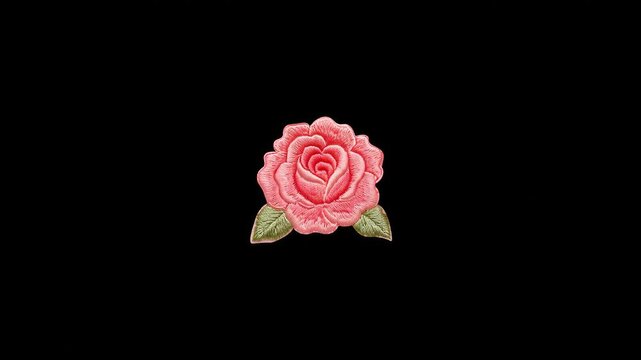 Embroidered pink rose patch centered on deep black background