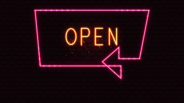 Bright neon 'Open' sign glowing in a dark environment with subtle animation