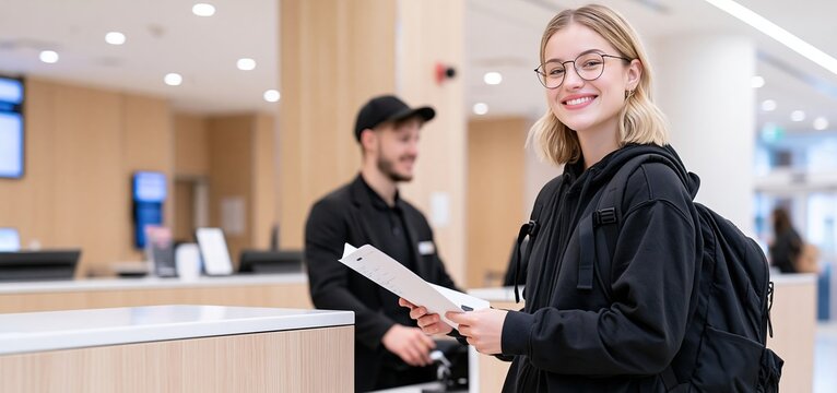 Guest interaction at a modern hotel reception with a female visitor and male staff providing seamless check-in service.