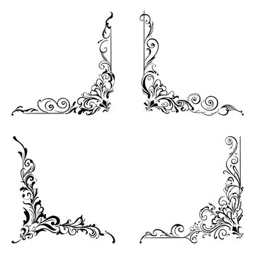 Elegant black filigree corner designs for decorative borders and invitations