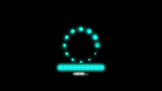 Cyan loading circles animate with progress bars on black background