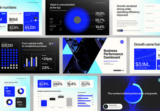 Business Dashboard Presentation Template, KPI & Analytics Slide Deck with Financial Charts, Data Visualization and Performance Reports