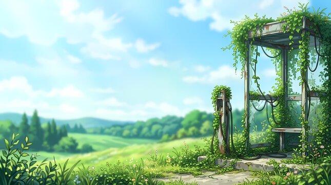 Serene landscape featuring a forgotten shelter overtaken by green ivy and vines in a vast rolling meadow under a clear blue sky