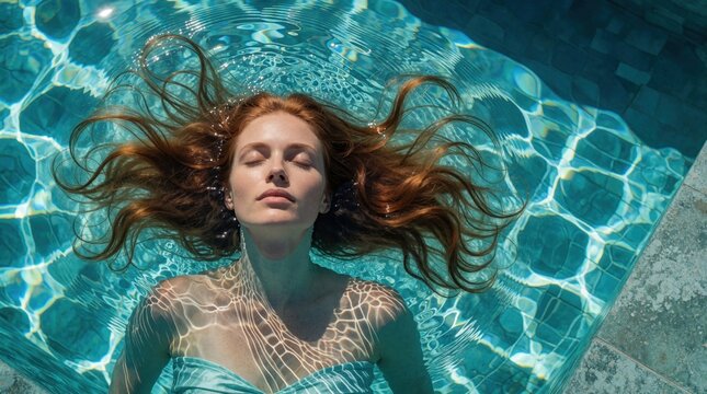 Aerial view of young redhead woman floating in blue infinity pool. Red hair spreads in clear water. Beautiful female model relaxes underwater in luxury swimming pool during summer vacation. Calm