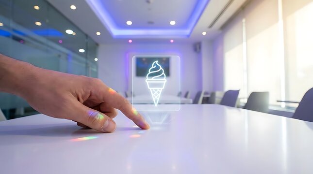 Hand interacting with a digital ice cream hologram display.