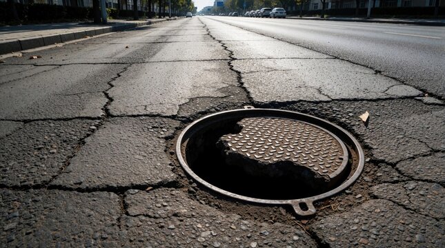 Cracked asphalt road with broken manhole cover exposing dark hole. Urban infrastructure damage poses pedestrian, vehicle hazard. City street repair needed for public safety. Deteriorating pavement,