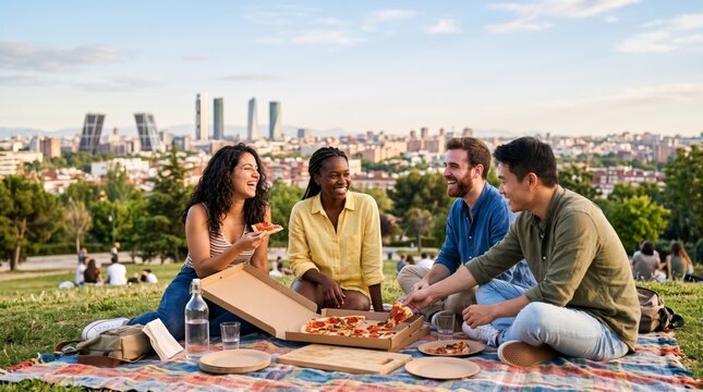 Diverse friends share pizza at a sunny park picnic overlooking the Madrid skyline, laughing together on a blanket