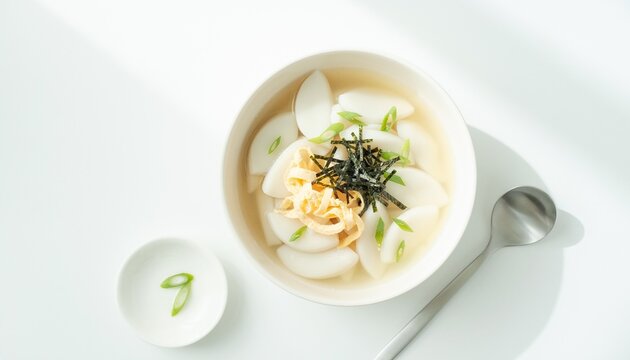 Healthy Korean Tteokguk concept, clear broth, moderate portion of oval rice cakes, green onions, egg and seaweed garnish.