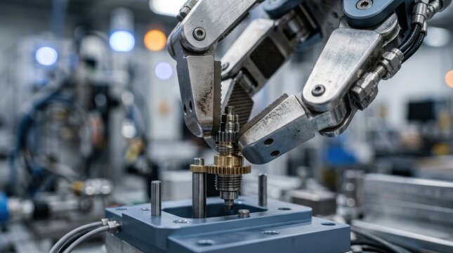 Articulated robotic fingers gripping a small metal component at a precision factory assembly station.