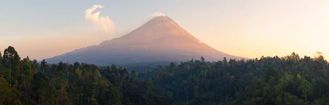 Aerial view of Mount Semeru at sunrise, rising above the dense tropical forest canopy with soft golden light illuminating the volcanic peak in Kecamatan Pronojiwo, Jawa Timur, Indonesia.