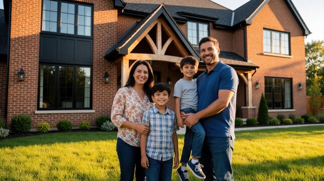 Happy family stands in front of brick house at sunset. Parents and two sons smile on green lawn. Parents hold son. People pose for portrait outside residential building. Domestic life concept.