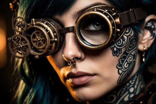 Close up portrait of young woman in steampunk cosplay outfit. Female model wears vintage brass goggles with metal gears, large tattoos on face. Creative character with blue hair, nose ring looks at