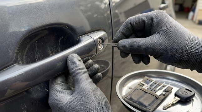 Car Lock Installation Repair Replacement Professional car locksmith opening car door with lockpicker automotive lock service key replacement emergency vehicle lock repair commercial stock photo