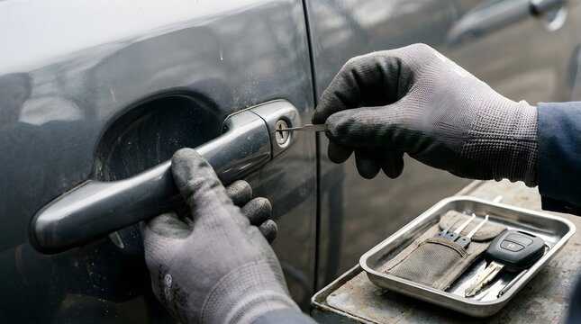 Car Lock Installation Repair Replacement Professional car locksmith opening car door with lockpicker automotive lock service key replacement emergency vehicle lock repair commercial stock photo