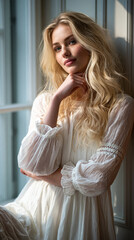 Fototapeta premium elegant blonde woman in white dress natural portrait, candid blonde woman in white dress soft light fashion portrait, young blonde woman in elegant white dress lifestyle portrait