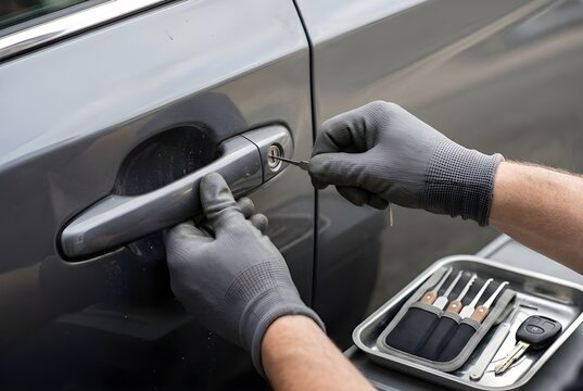 Car Lock Installation Repair Replacement Professional car locksmith opening car door with lockpicker automotive lock service key replacement emergency vehicle lock repair commercial stock photo