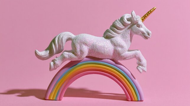 White sparkly unicorn figurine jumping over a colorful rainbow arch